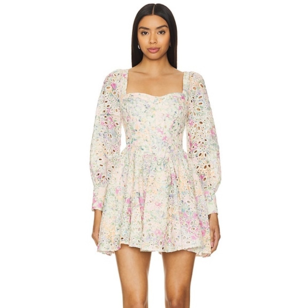 Bardot Floral Eyelet Mini Dress in Cream and Pastel Pink